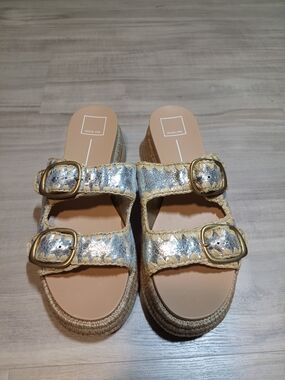 Dolce Vita Metallic Silver Raffia Slide Sandals Sz 10